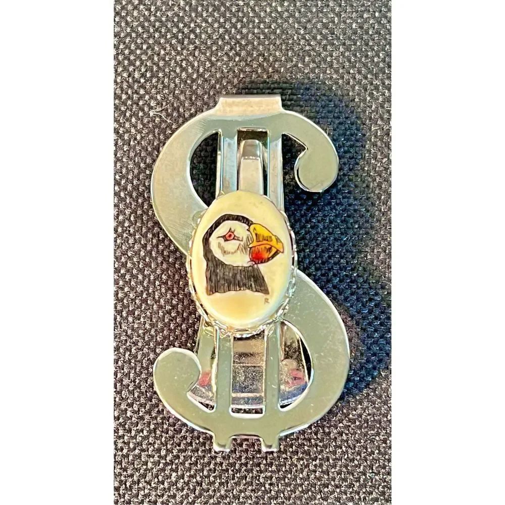 Vintage Dollar Sign $ Money Clip W Bird/Penguin Pendant Silver-Tone Stainless